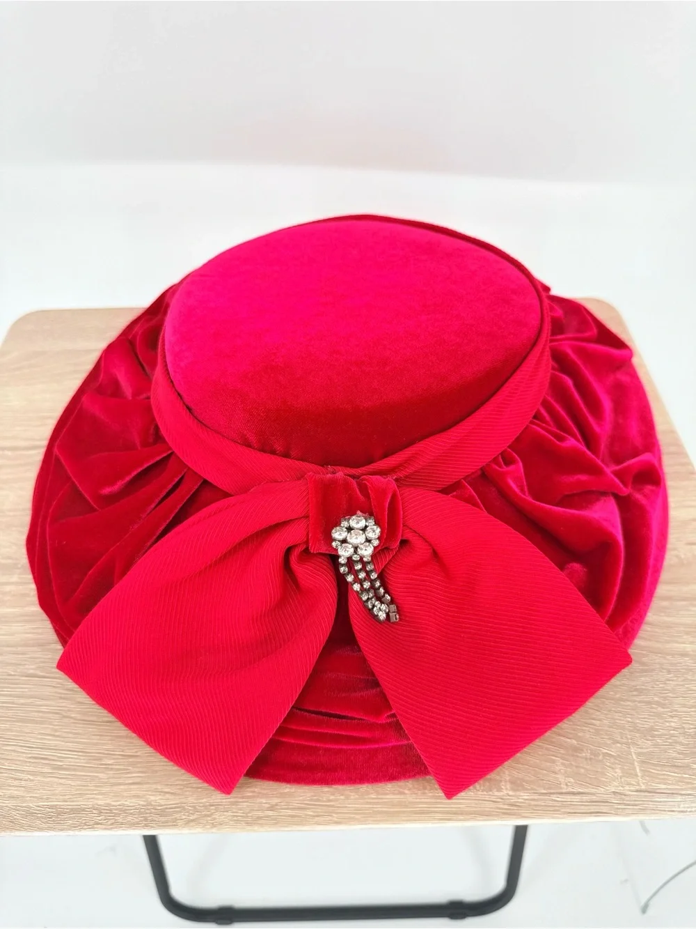 Whittall & Shon Vintage Red Wool Velvet Wide Brim Hat Rhinestone Bow Pillbox
